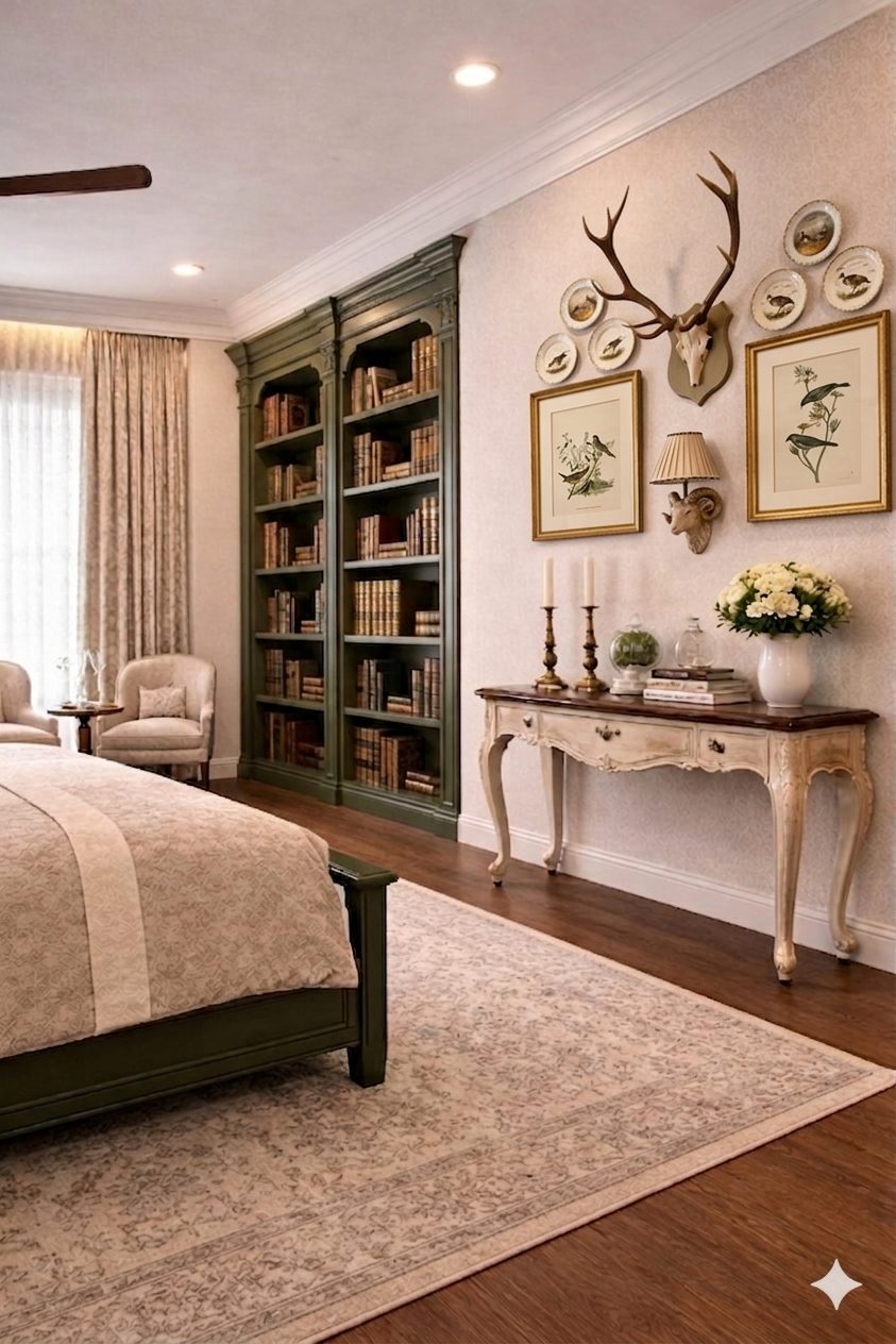 Bedroom with green library shelving