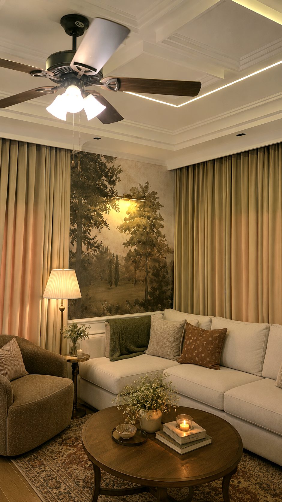 Living room styling with draped curtains